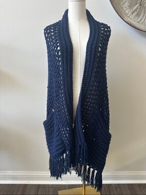 Handmade Navy Blue Crochet Wrap Shawl Sweater Fringe Pockets Lagenlook Granny OS